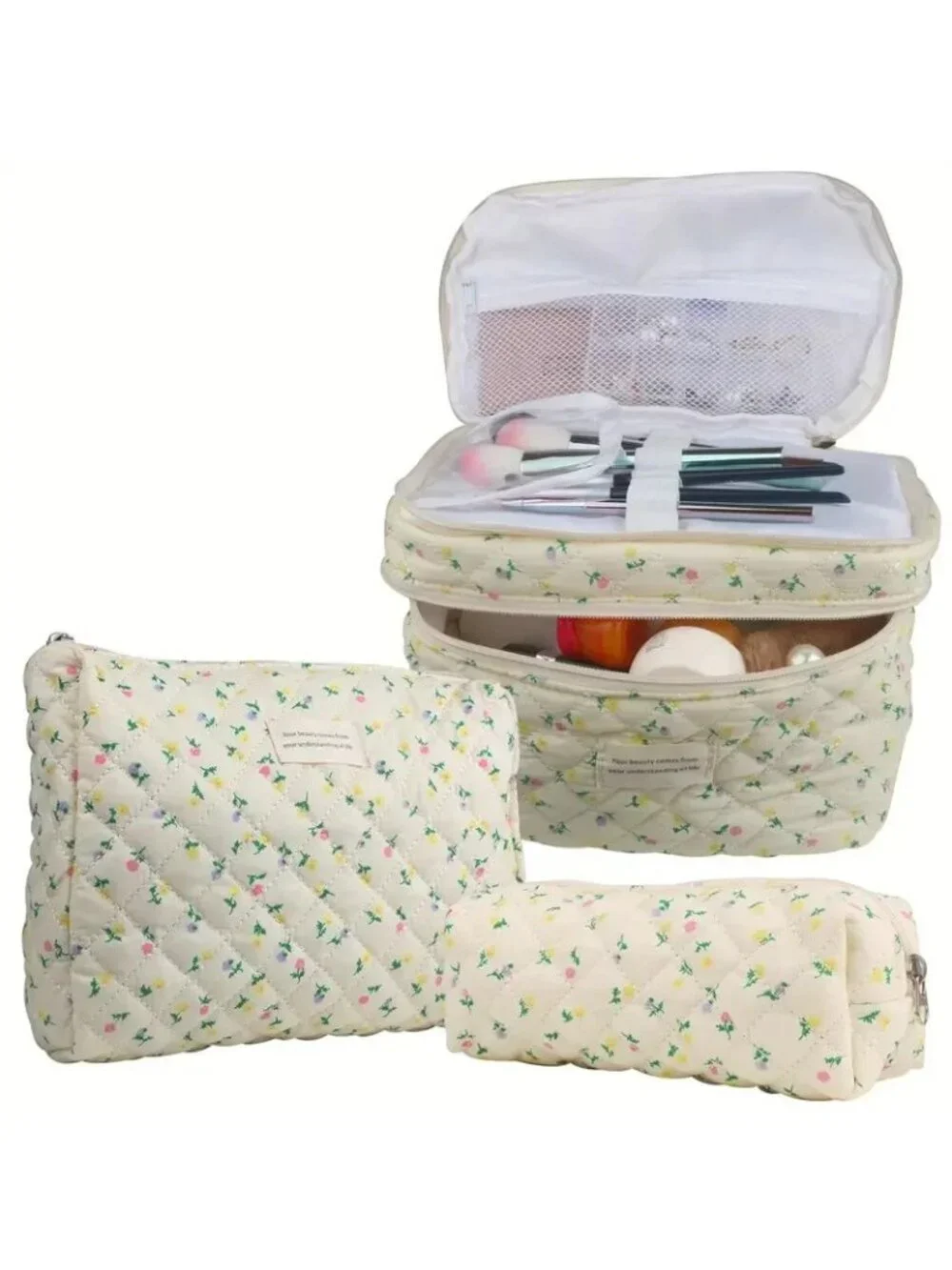 3 Pc Quilted Zip Floral Makeup Bag Set Wildflower Cosmetic Toiletry Travel Gift